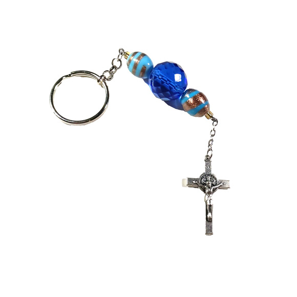 Cross Blue Beaded Keychain Long - Picture 1 of 7
